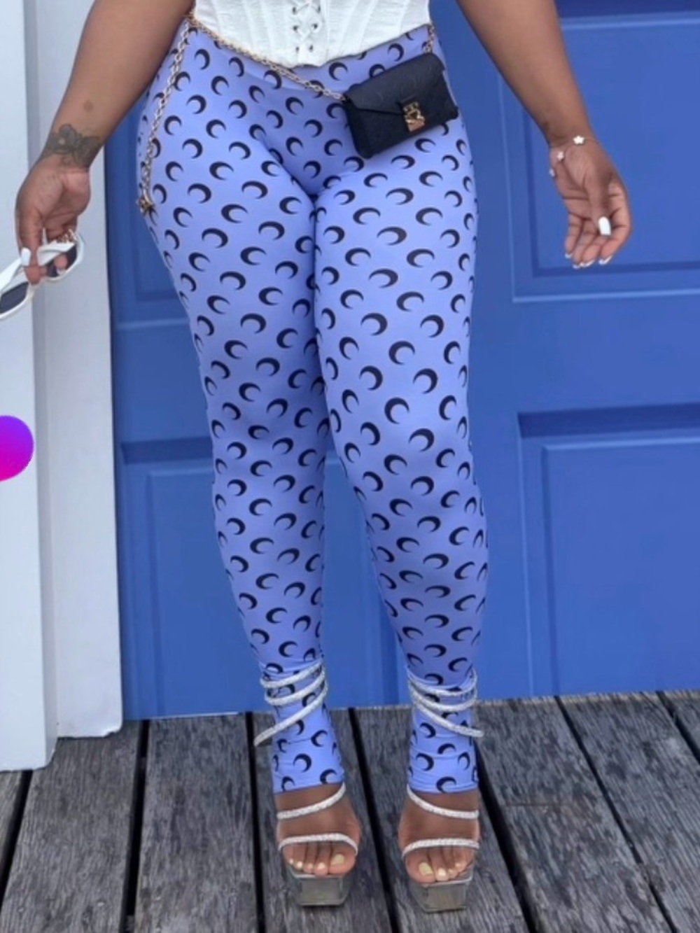 Blue Crescent-Print High-Waist Leggings